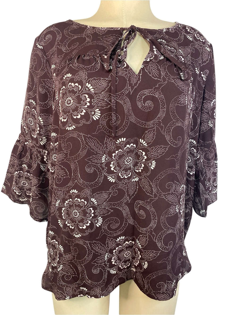 LOFT Plum Floral Tie-Neck Pullover Blouse Women’s Small